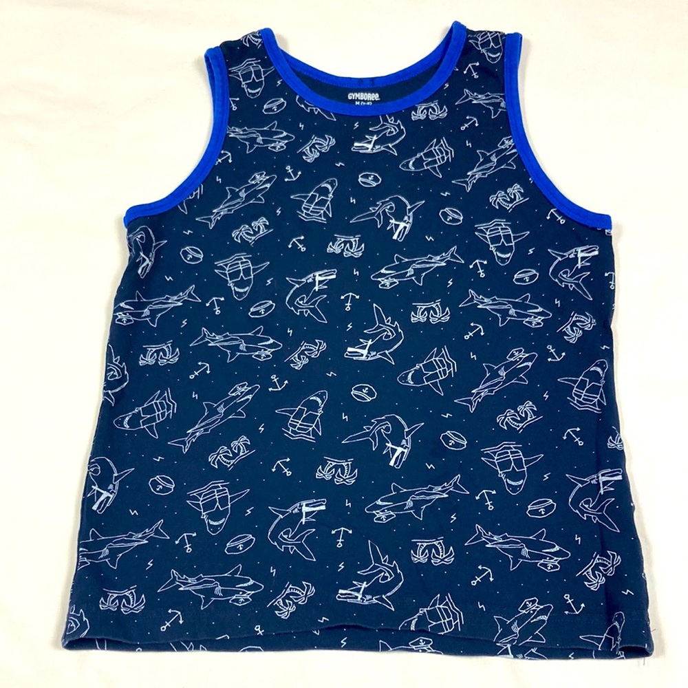 Gymboree boys Navy blue shark collage sleeveless tank top size medium 7–8